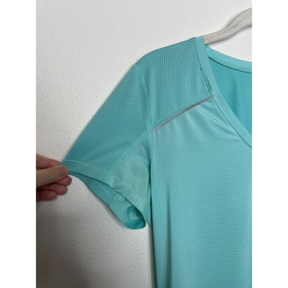 Lucy Small Athletic Top Teal Blue Mesh Short Sleeve Drawstring Reflective Strips - Picture 3 of 9